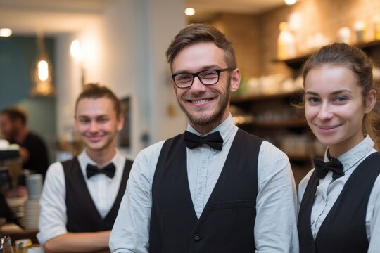 Coffee shop staff and customer posing for the camera