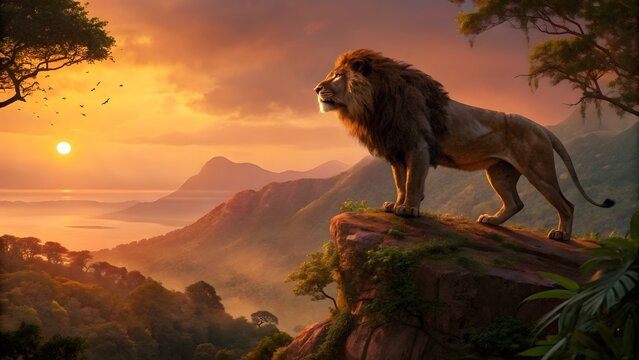 Majestic lion standing proudly on a cliff at sunset overlooking a breathtaking landscape view - Powered by Adobe