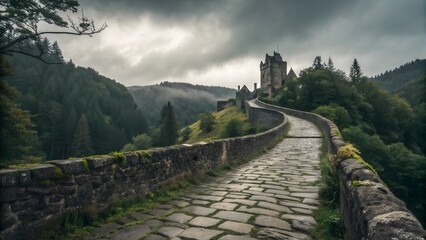 Explore the enchanting stone bridge leading to a medieval castle in the stunning misty mountains