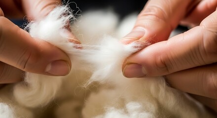 Close-up hands delicately handling soft fiber material with care