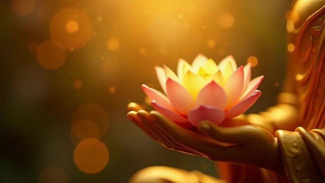 Golden buddha hands holding a pink lotus flower with bokeh lights in a spiritual setting, symbolizing peace and enlightenment, concept of meditation centers, yoga studios, and spiritual retreats.