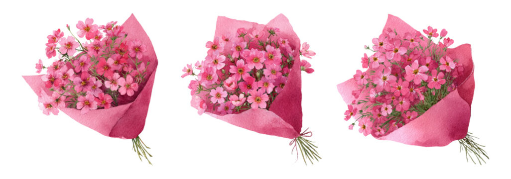 Watercolor set of lush bouquets of many small, bright pink flowers wrapped in pink paper. Romantic floral bouquets for holiday cards, invitations. Flowers for March 8, Mother's Day, etc.