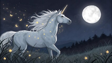 Magical unicorn under the moonlight with stars, perfect for children's storybooks and fantasy art projects