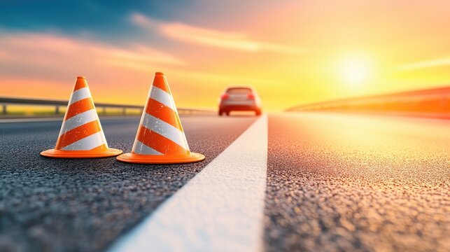 Brightly colored traffic cones are set on the asphalt road, indicating a construction area as a car passes in the background under a vibrant sunset sky