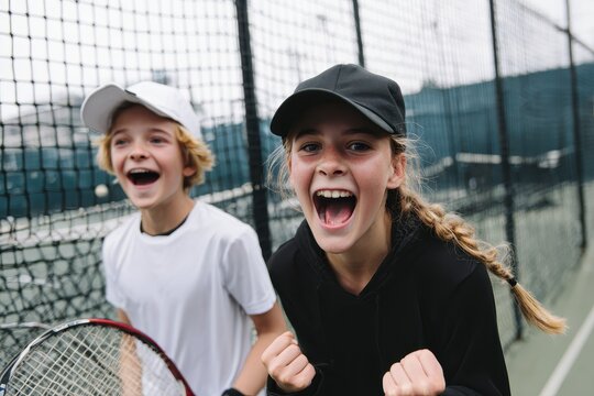 Excited young tennis players celebrating a great play