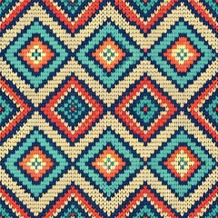 Vibrant knitted pattern with diamond shapes for eye-catching textiles and bohemian fashion backgrounds, perfect for winter designs and cozy textures