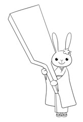 塗り絵：羽子板を持った兎｜日本のお正月