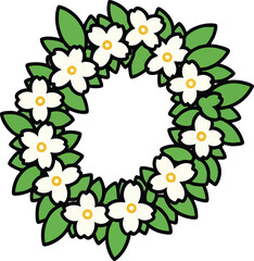 Fototapeta premium Circle Wreath of White Flowers and Green Leaves Against White Background