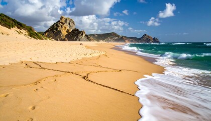 Wide-angle shot of a sandy beach with turquoise waves washing ashore. Rocky cliffs and green hills create a scenic backdrop under a bright blue sky