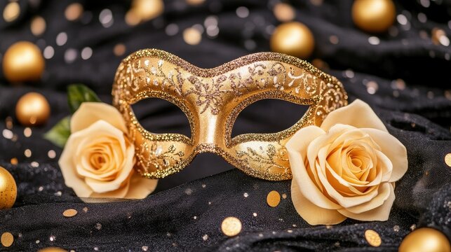Golden carnival mask adorned with glitter and flowers sets the mood for celebration. This vibrant decoration contrasts beautifully against the black backdrop, ideal for party themes