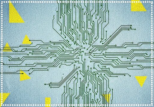 Circuit board with triangle pattern and denim texture backdrop creation