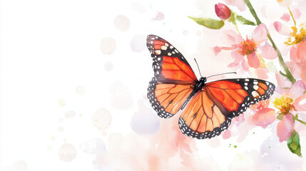 Fototapeta premium Vibrant butterfly rests near delicate flowers, showcasing beautiful watercolor design that evokes sense of tranquility and nature beauty