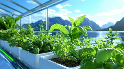 Vibrant indoor garden featuring various herbs and plants white containers, with stunning mountain view background. scene conveys tranquility