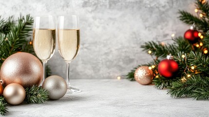 Vibrant champagne glasses sit beside a disco ball on a dark background, illuminated by colorful lights, perfect for an evening celebration or festive gathering