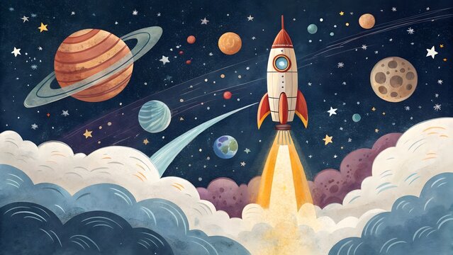 Vibrant cartoon rocket blasting off into colorful outer space among planets and stars illustration
