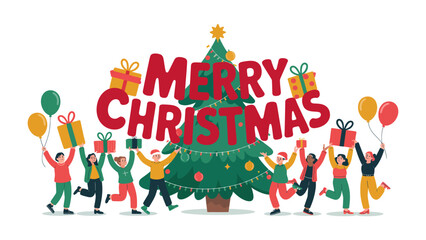 Holiday Cheer: A whimsical illustration captures the essence of Christmas, with individuals joyfully holding gifts and balloons.