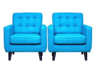 Fototapeta premium Pair of modern blue armchairs with tufted backrest and wooden legs, comfortable seating for living room or office, contemporary style, inviting and stylish atmosphere