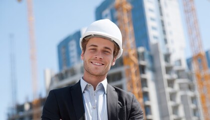 Grinning young businessman in a hard hat in front of a construction site