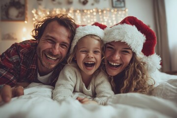 Joyful family enjoying Christmas together in bed