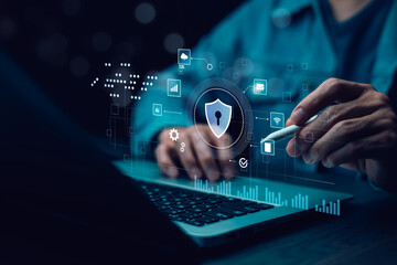 Cybersecurity and Data Protection Technology with AI System, Digital Lock Icon and Holographic Network Interface for Online Safety and Privacy