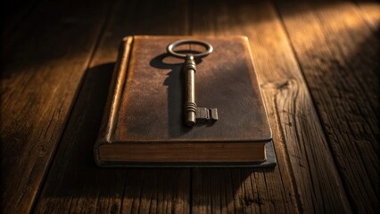 An antique brass key rests on a worn leather journal on a rustic wooden table under dramatic cinematic lighting