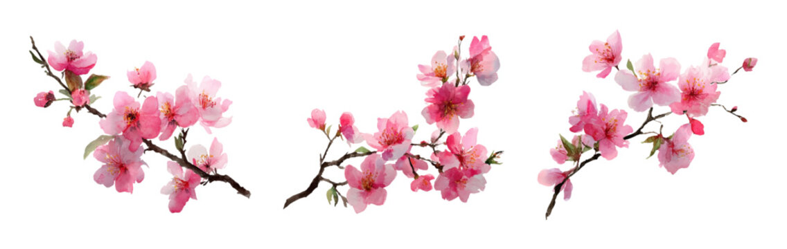 Watercolor set of sakura branches. Branch of sakura tree with pink flowers and buds. Japanese traditional spring flowers. Pink sakura flowers. Hand drawn illustration.