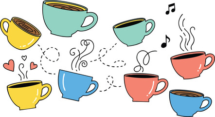 Collection Of Cartoon Style Coffee Cups With Steam And Hearts In Various Colors On White Background