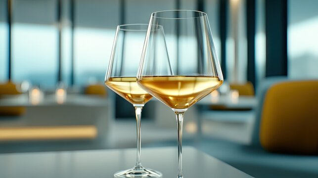 Two elegant glasses of white wine sit on a table, capturing golden reflections in a modern restaurant, emphasizing a chic atmosphere ideal for social interactions or business discussions