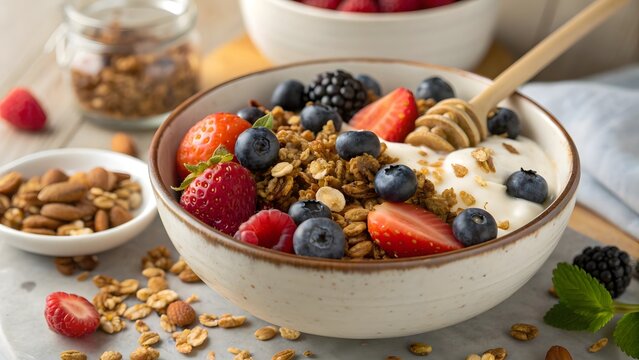 Enjoy a vibrant breakfast bowl with fresh berries, creamy yogurt, and crunchy granola for a healthy start - Powered by Adobe