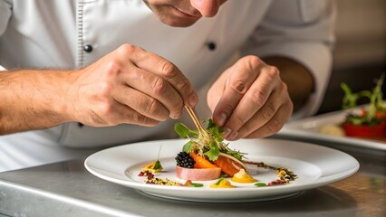 Talented chef beautifully plating elegant gourmet dish with artistic flair and modern presentation
