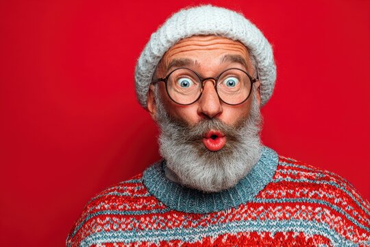 Anticipating joy Cheerful bearded older man in Santa hat New Year celebration Enjoy winter festivities Happy holidays Christmas shopping Get ready for gifts Just enjoy