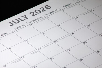 Calendar month of July 2026 with a clean and clear font on a black background