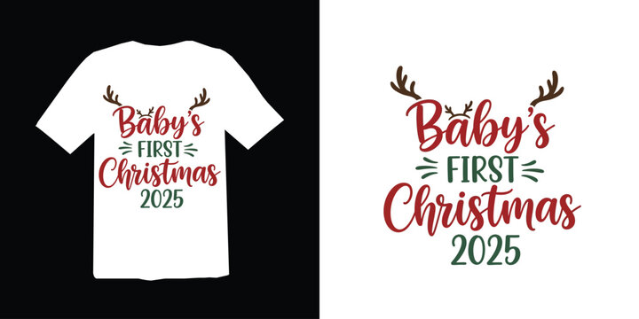 Christmas t-shirt design. Cute baby s first christmas text design with antlers and festive font. xmas t-shrit.