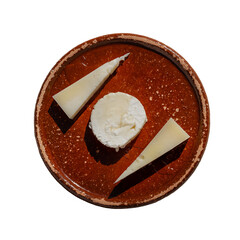 Three mixed cheese tasting terracotta plate top view transparent background PNG. Gastronomy mockup dairy products graphic resource isolated