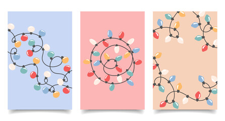 Set of postcards with colorful holiday garlands. Christmas lights posters.