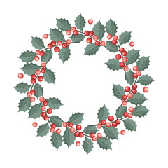 Christmas wreath with holly berries and leaves. Festive holly berry wreath. Christmas decoration.