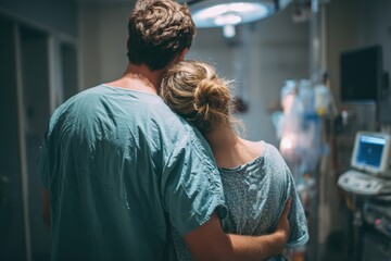 Back view of a white man supporting a pregnant woman in labor in a hospital operating room
