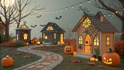 Spooky Halloween village scene with glowing pumpkins and cute haunted houses for festive celebrations