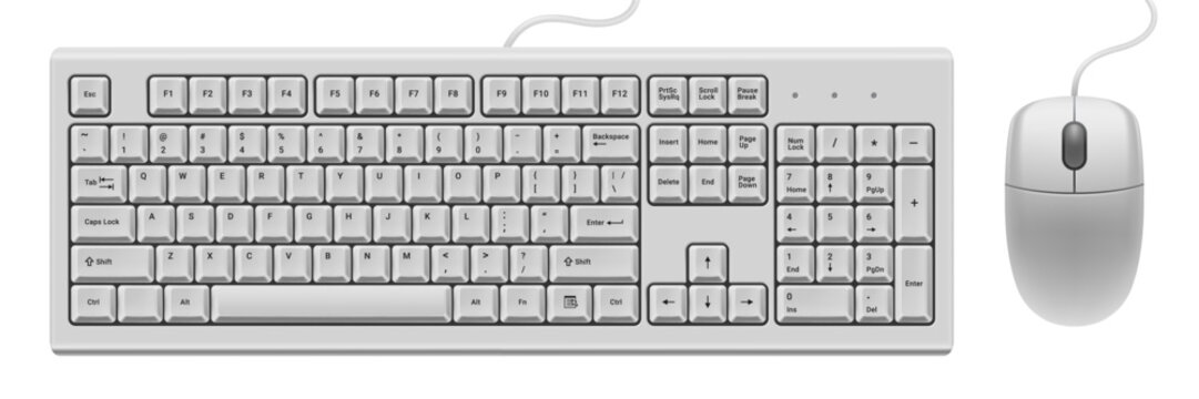Classic white keyboard and mouse for desktop computer isolated on white background. Realistic mockup or template