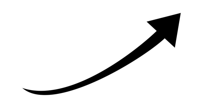 Black curved upward arrow for growth graphics, progress indicators, trend visuals, planning elements, and modern design overlays