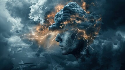 Stormy Mind: Cloud Head with Lightning