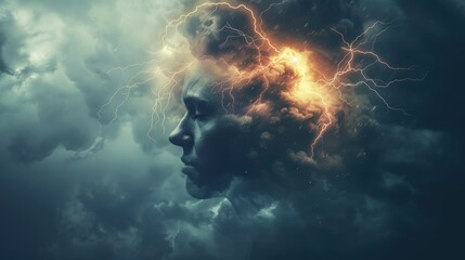 Stormy Mind: Portrait with Lightning and Clouds