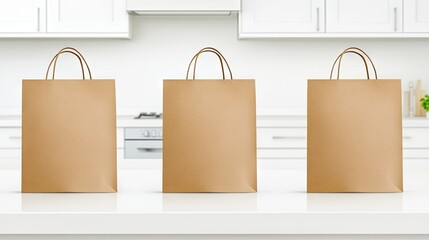 Three brown paper bags sit neatly on a white kitchen counter, offering a glimpse of food delivery options against a sleek, modern backdrop. Perfect for meal convenience