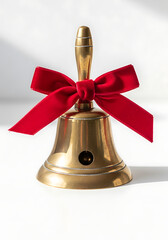 christmas gold bell with red ribbon bow, festive metallic ornament on white background
