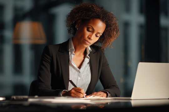 Confident and attractive executive jotting down thoughts on her laptop at her desk