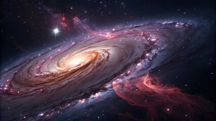 An immense swirling spiral galaxy of cosmic dust and bright stars glowing vividly in the dark expanse of space