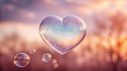 An iridescent heart shaped bubble floating gently against a dreamy pastel sky