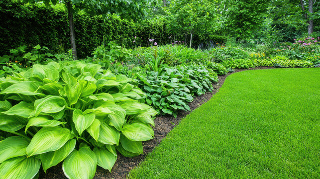 Lush green garden featuring vibrant foliage and neatly manicured lawn, creating serene and harmonious outdoor space