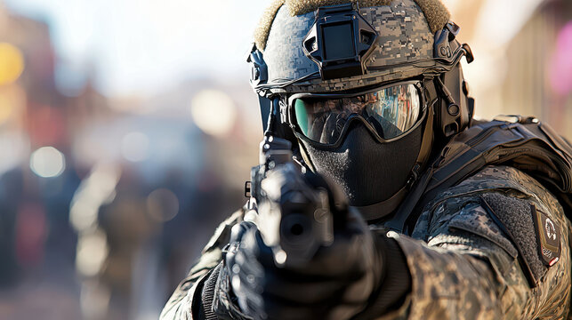 Soldier in tactical gear aims firearm, showcasing serious expression. background features blurred figures, enhancing focus on soldier readiness