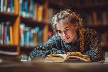 female student in college library reading a book